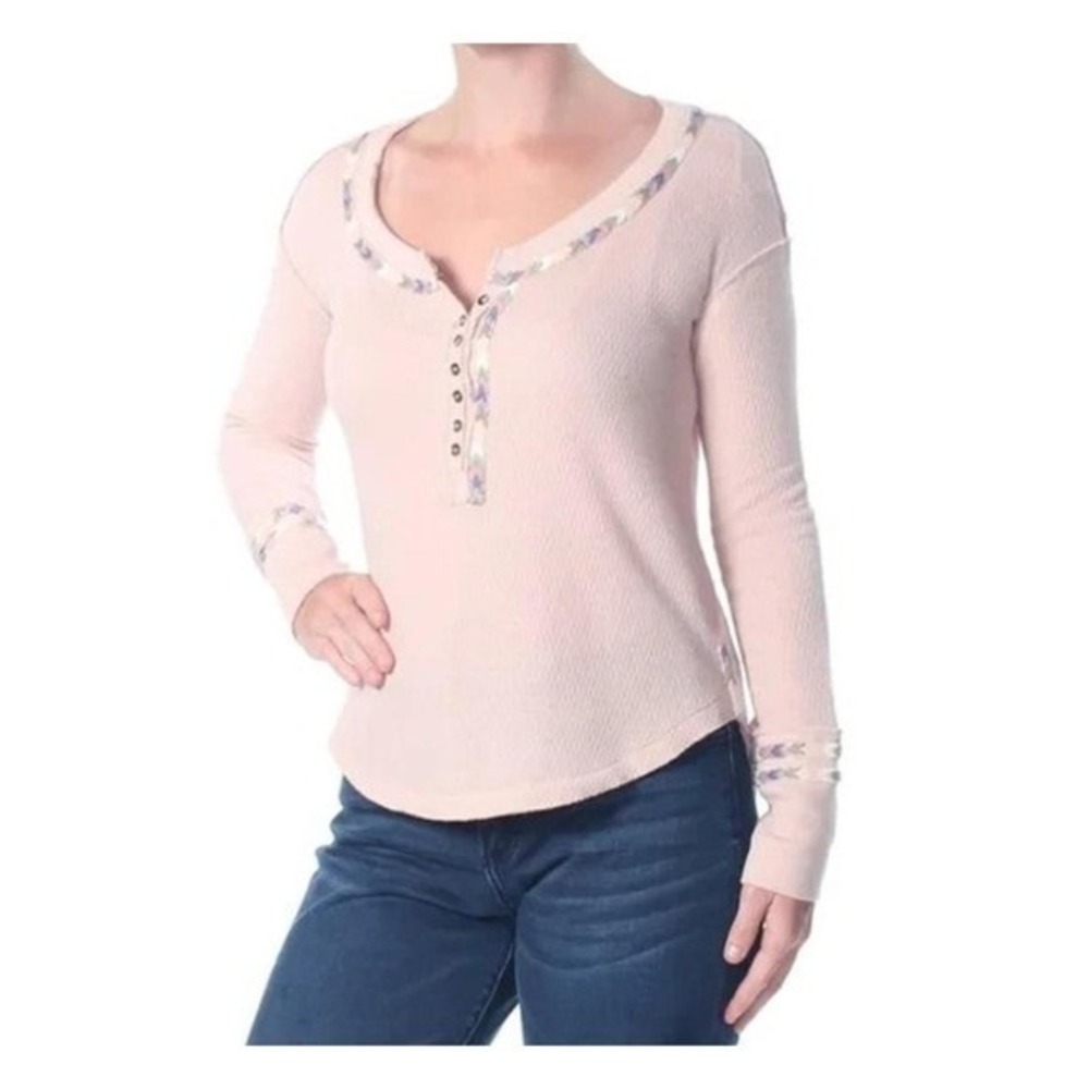 Free People Pink Waffle Knit‎ Henley Embroidered Trim Long Sleeve Top Large